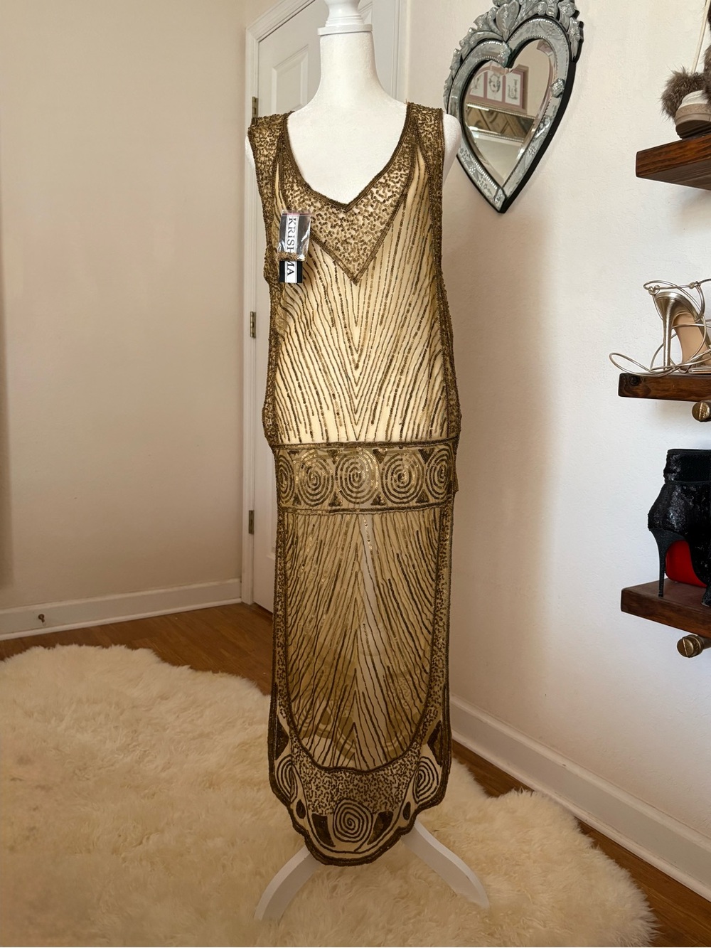 Gold Beaded Vintage-Inspired Sleeveless Dress